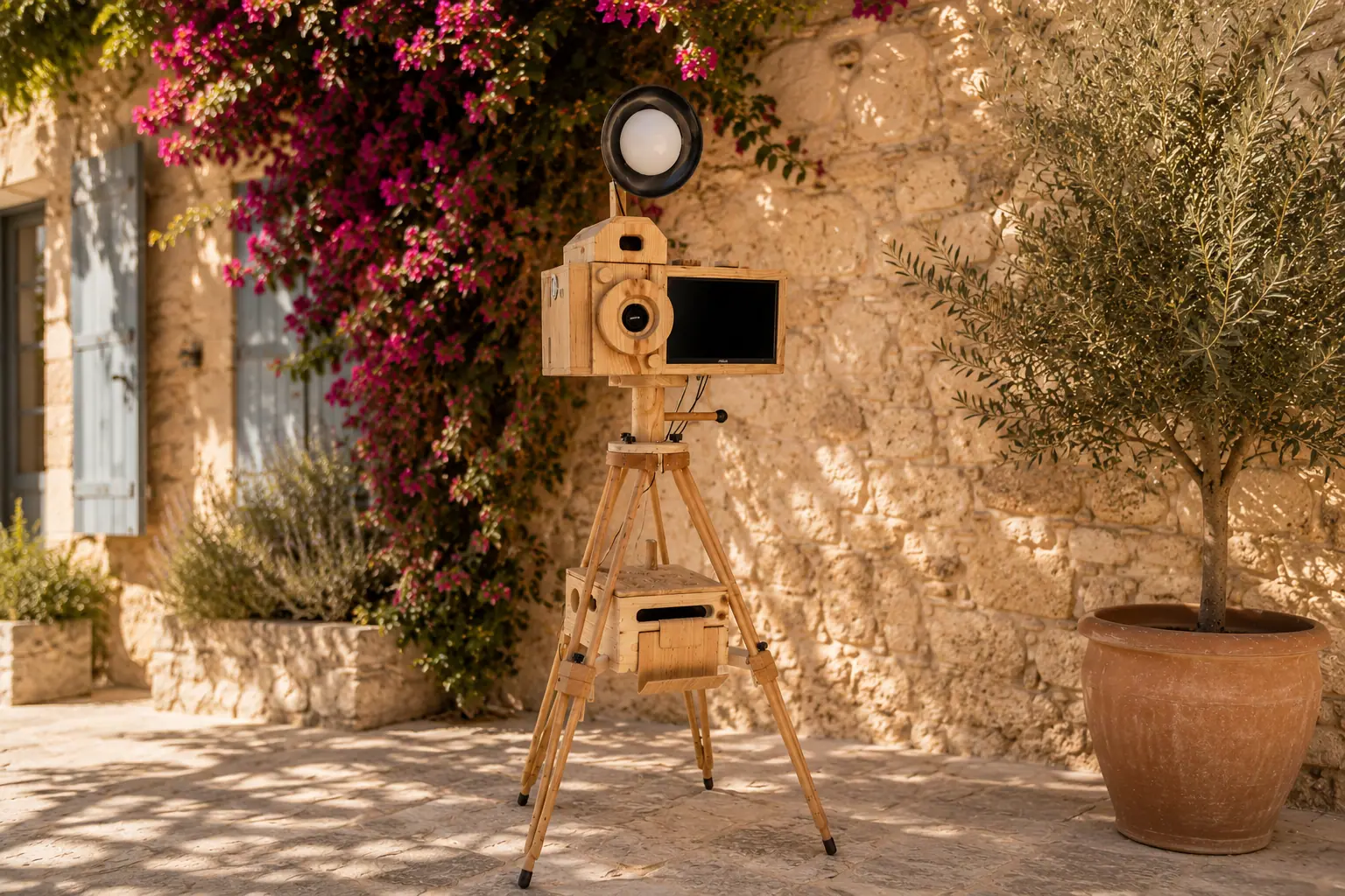 Photobooth en bois devant un mur de pierre et des bougainvilliers en Provence