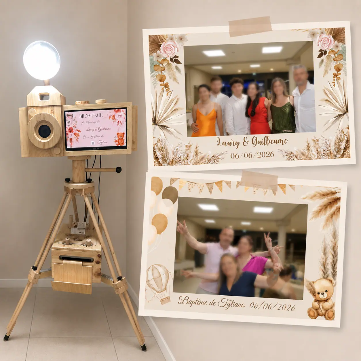 Borne photo et cadres personnalisés pour mariage et baptême