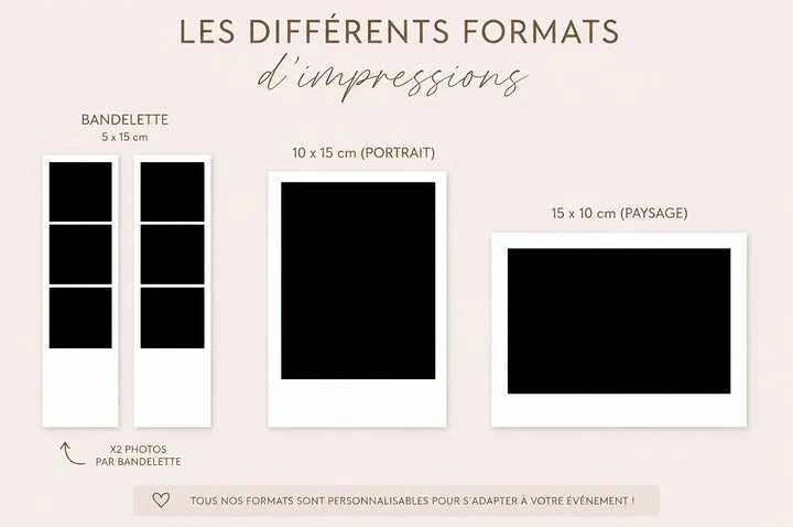 Les différents formats d'impression proposés : bandelette 5 × 15 cm à deux photos, tirage 10 × 15 cm en portrait et 15 × 10 cm en paysage. Tous les formats sont personnalisables pour s'adapter à votre événement.